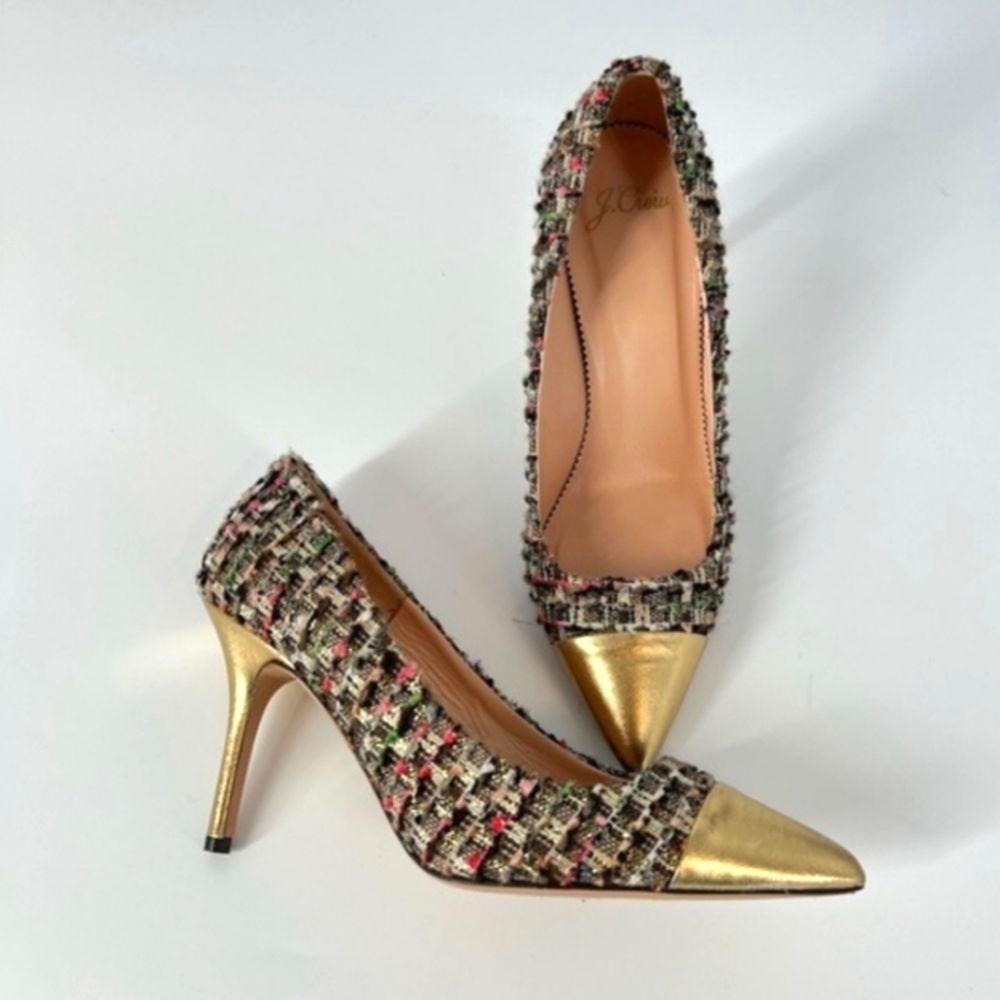 J. Crew Tweed Elsie Pumps Metallic Gold Toe 6.5